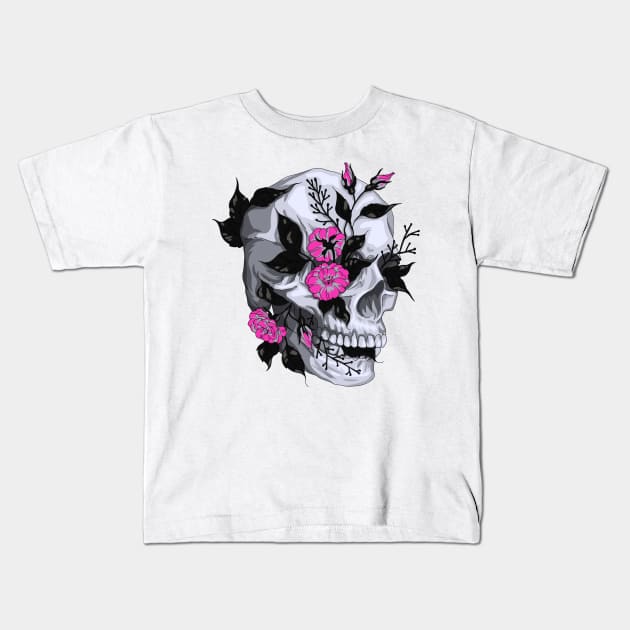 Day of The Dead Skull with Pink Flowers for Women and Men Kids T-Shirt by Shems Arts